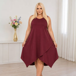 KissICON Dresses Plus Size Asymmetrical Sleeveless Solid Round Neck Dress