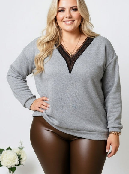 jkthpu-45 Plus Size Autumn Winter Elegant VNeck Lace Pullover Sweatshirt