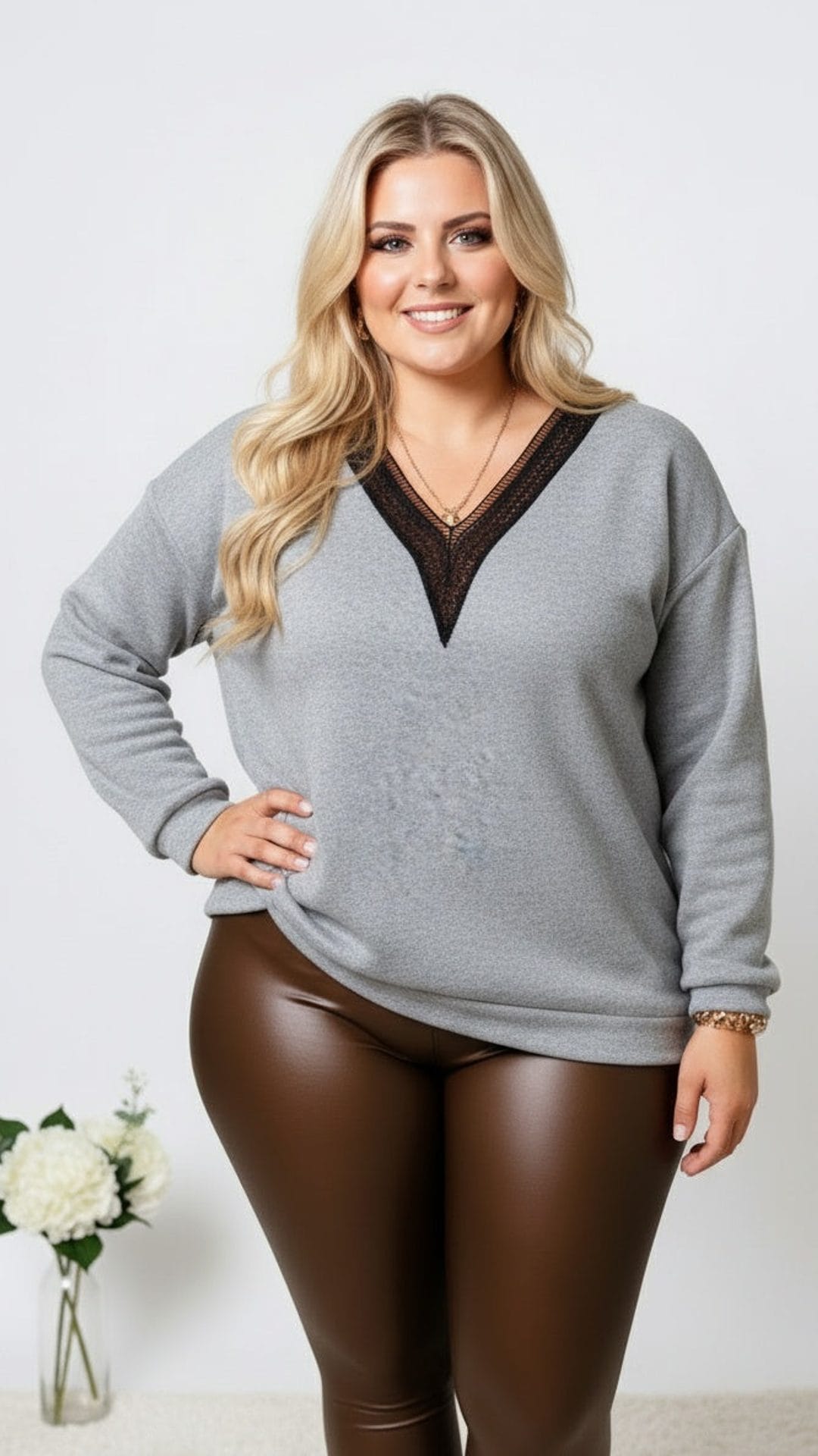 jkthpu-45 Plus Size Autumn Winter Elegant VNeck Lace Pullover Sweatshirt
