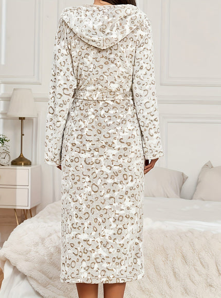KissICON Plus Size Autumn/Winter Plush Leopard Print Hooded Bathrobe