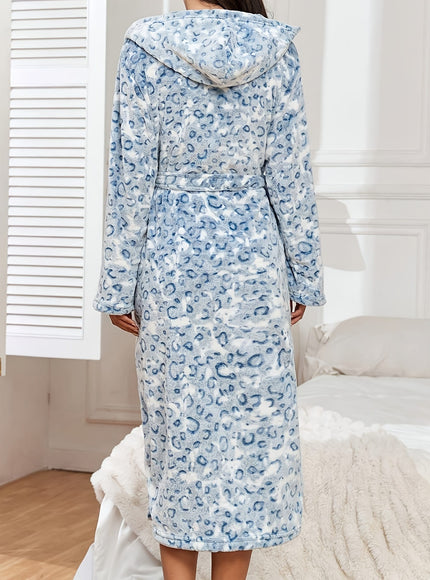 KissICON Plus Size Autumn/Winter Plush Leopard Print Hooded Bathrobe