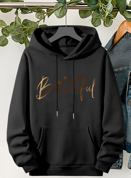 jkthpu-45 Plus Size Beautiful Letter Print Drawstring Hoodie, Warm