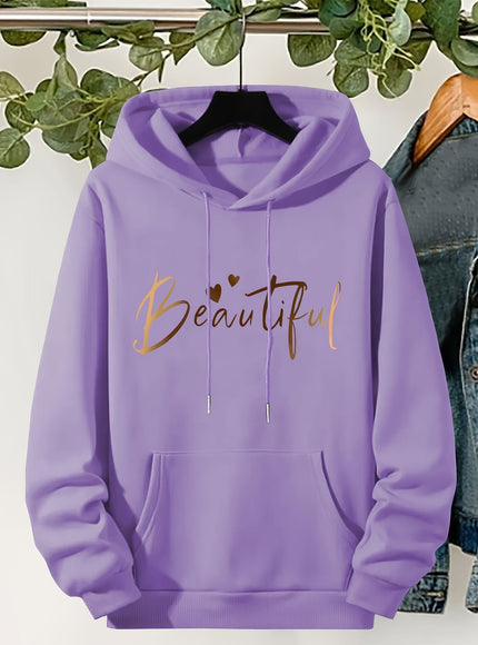 jkthpu-45 Plus Size Beautiful Letter Print Drawstring Hoodie, Warm