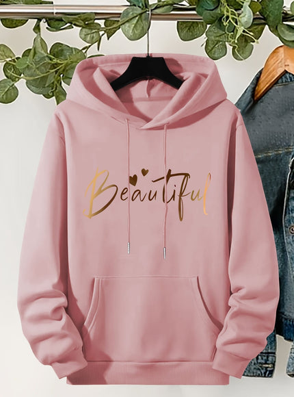 jkthpu-45 Plus Size Beautiful Letter Print Drawstring Hoodie, Warm