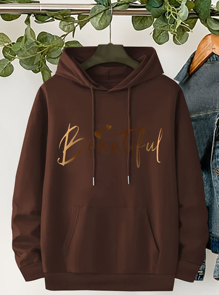 jkthpu-45 Plus Size Beautiful Letter Print Drawstring Hoodie, Warm