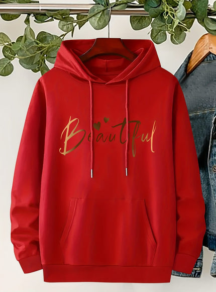 jkthpu-45 Plus Size Beautiful Letter Print Drawstring Hoodie, Warm