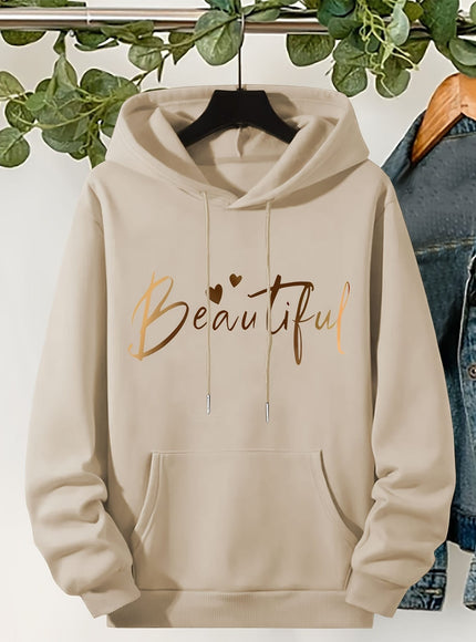 jkthpu-45 Plus Size Beautiful Letter Print Drawstring Hoodie, Warm