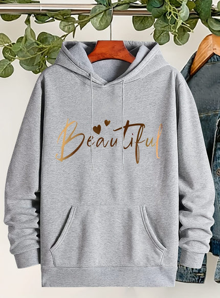 jkthpu-45 Plus Size Beautiful Letter Print Drawstring Hoodie, Warm
