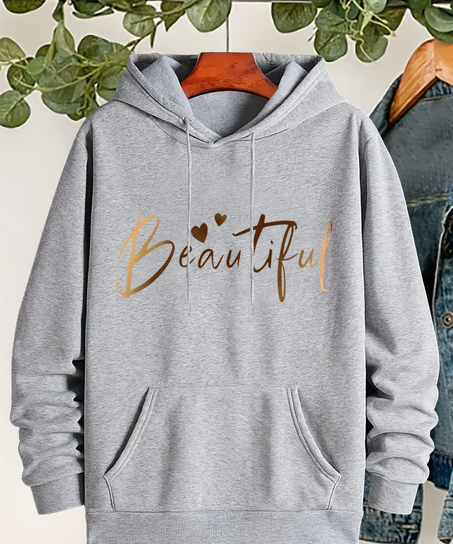 jkthpu-45 Plus Size Beautiful Letter Print Drawstring Hoodie, Warm