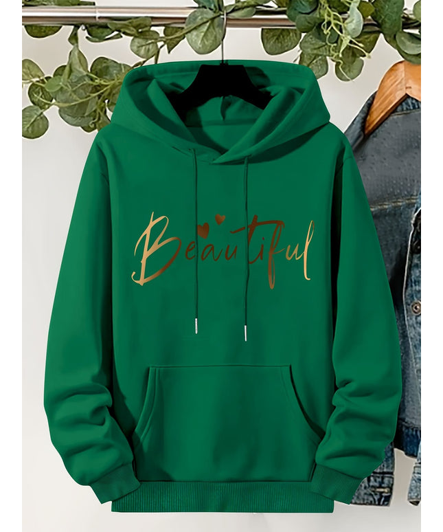 jkthpu-45 Plus Size Beautiful Letter Print Drawstring Hoodie, Warm
