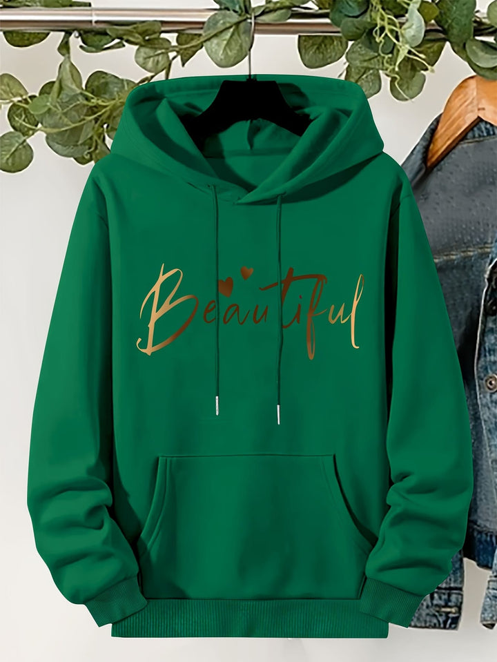 Plus Size Beautiful Letter Print Drawstring Hoodie, Warm