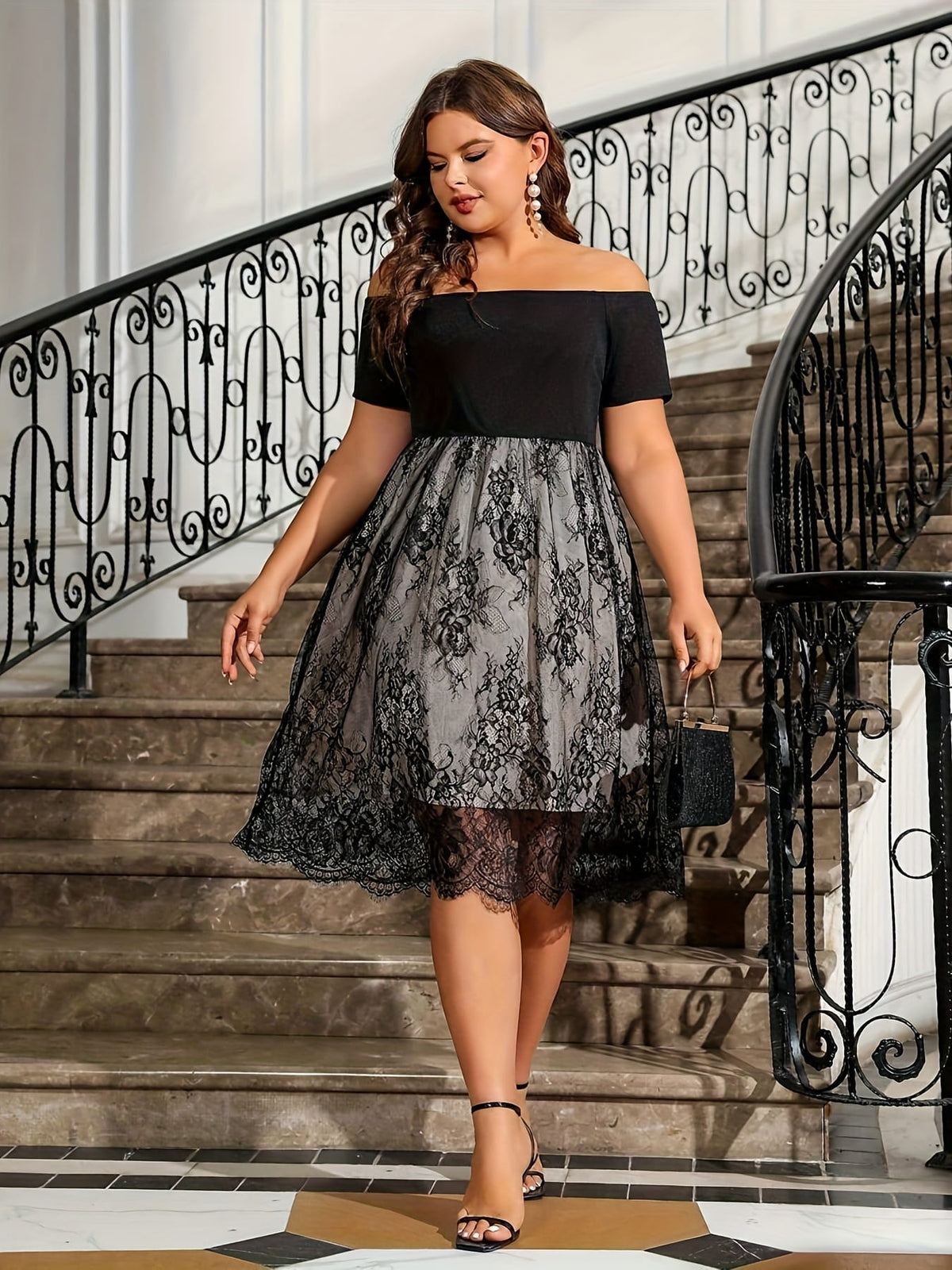 jkthpu-45 Plus Size - BESTIE Women'S Plus Size Sexy Off-Shoulder Mesh Panel Dress - Knee-Length Short Sleeve Bodycon Dress with Lace Detailing, Stretchy & Breathable Fabric for Casual or Party Wear, Versatile Fashion, Elegant Design, Smooth Texture