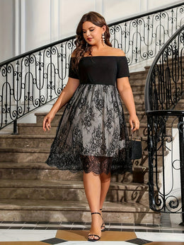 jkthpu-45 Plus Size - BESTIE Women'S Plus Size Sexy Off-Shoulder Mesh Panel Dress - Knee-Length Short Sleeve Bodycon Dress with Lace Detailing, Stretchy & Breathable Fabric for Casual or Party Wear, Versatile Fashion, Elegant Design, Smooth Texture