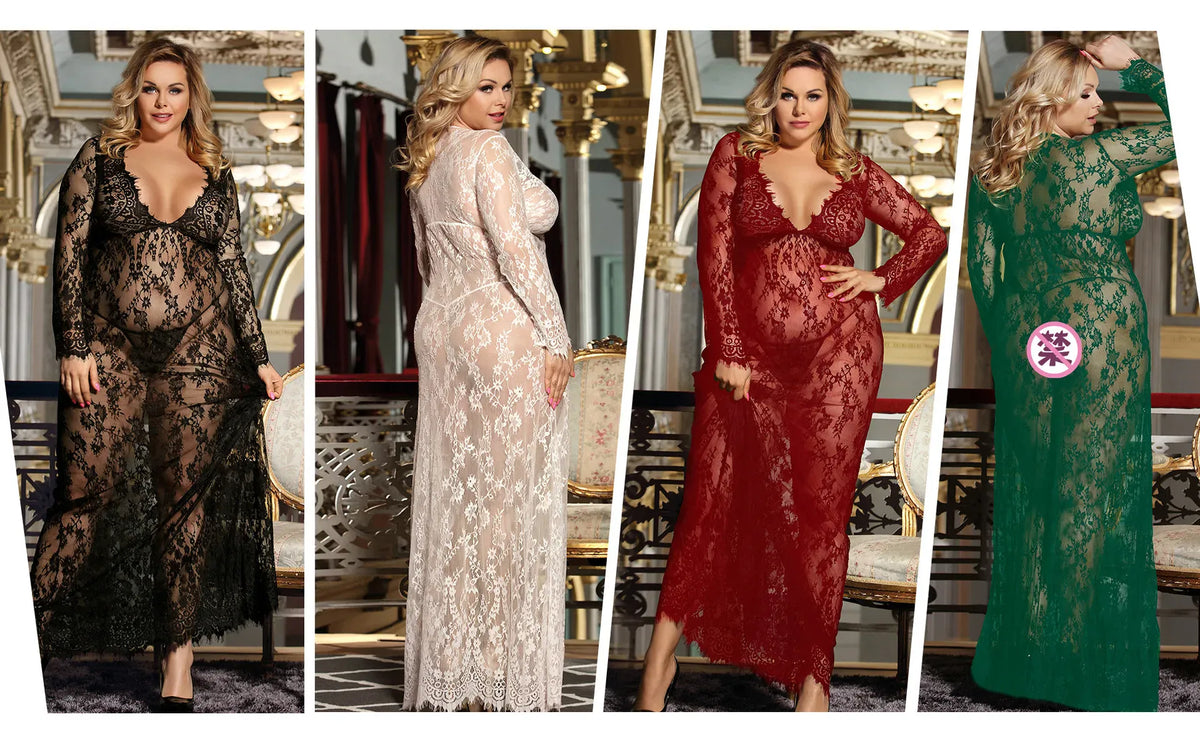 KissICON Plus Size/Big Size Full Lace Half Transpaent for fat women Sexy lingerie Long Dress nighty for ladies  sexy sleepwear