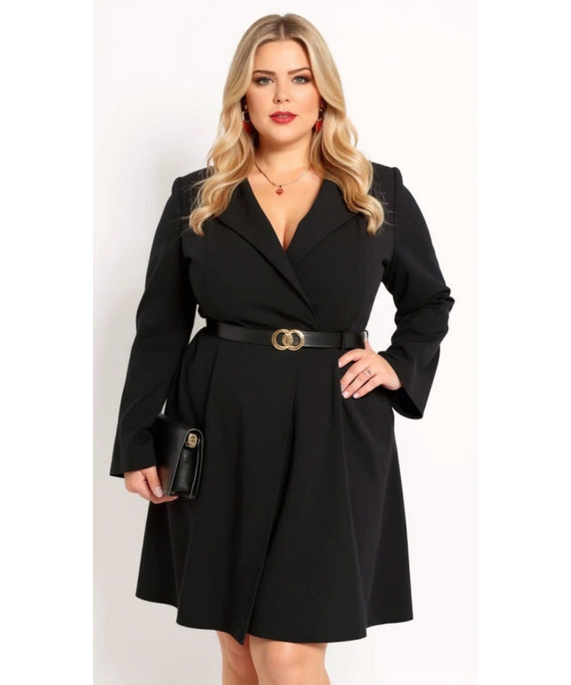 KissICON Plus Size Black Belted Blazer Dress