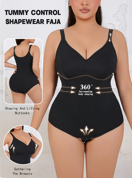 jkthpu-45 Plus Size Black Bodysuit - Elegant Tummy Control