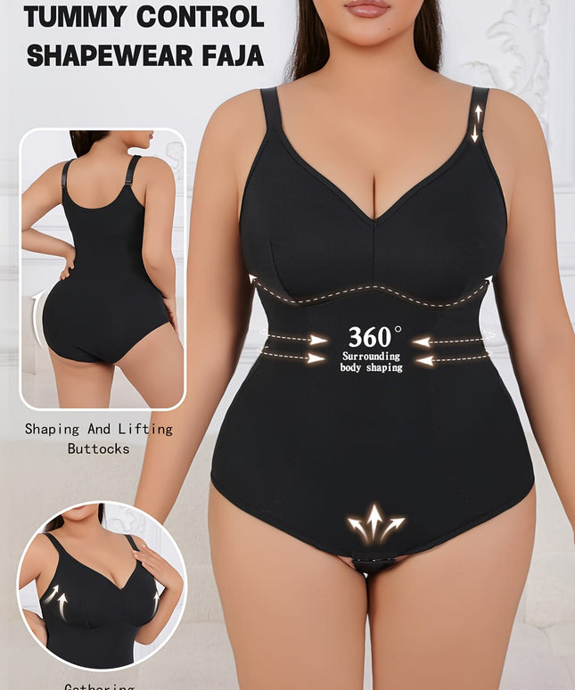 jkthpu-45 Plus Size Black Bodysuit - Elegant Tummy Control