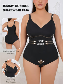 jkthpu-45 Plus Size Black Bodysuit - Elegant Tummy Control