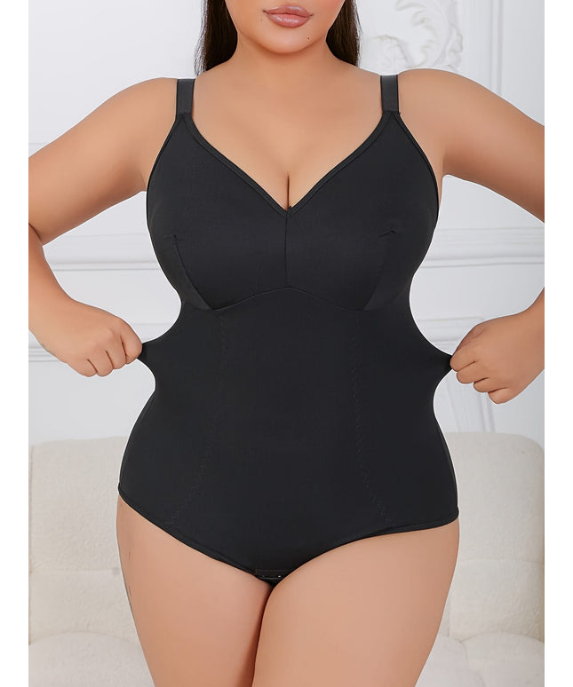jkthpu-45 Plus Size Black Bodysuit - Elegant Tummy Control