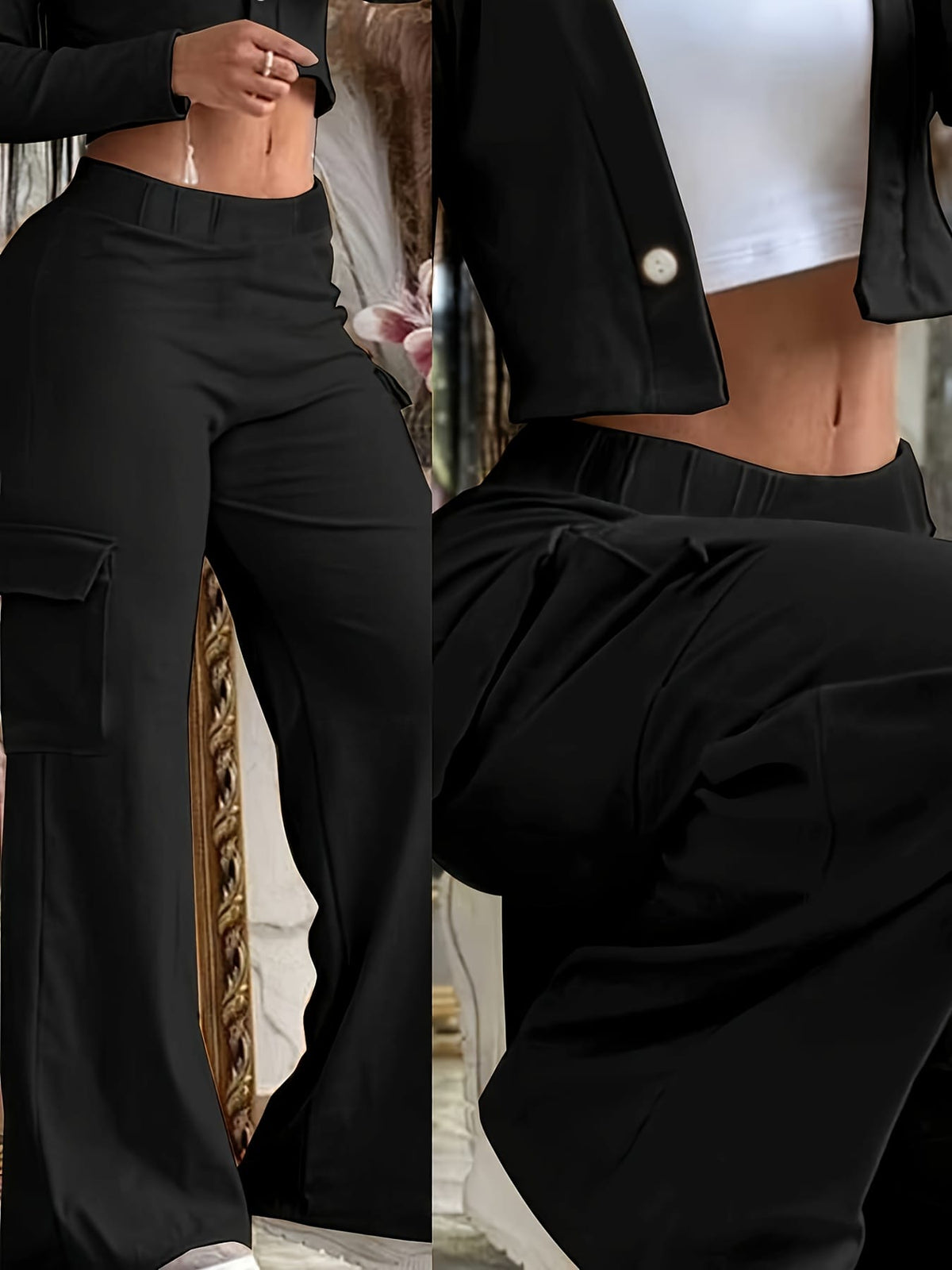jkthpu-45 Plus Size Black Elegant Wide Leg Knit Trousers – Slight Stretch