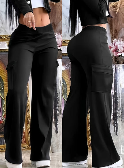 jkthpu-45 Plus Size Black Elegant Wide Leg Knit Trousers – Slight Stretch
