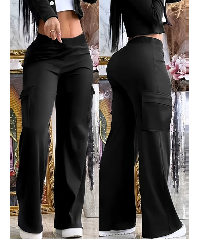jkthpu-45 Plus Size Black Elegant Wide Leg Knit Trousers – Slight Stretch