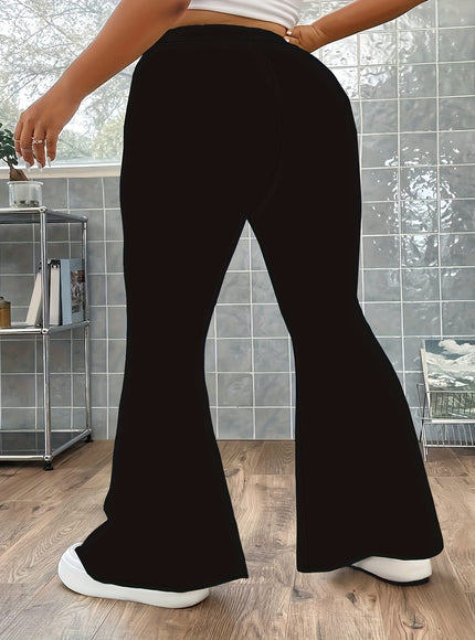 jkthpu-45 Plus Size Black Flare Leg Knit Trousers – Elegant Medium Stretch