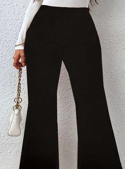 jkthpu-45 Plus Size Black Flare Leg Knit Trousers – Elegant Medium Stretch