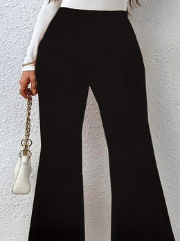 jkthpu-45 Plus Size Black Flare Leg Knit Trousers – Elegant Medium Stretch