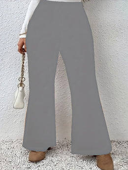 jkthpu-45 Plus Size Black Flare Leg Knit Trousers – Elegant Medium Stretch