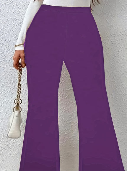 jkthpu-45 Plus Size Black Flare Leg Knit Trousers – Elegant Medium Stretch