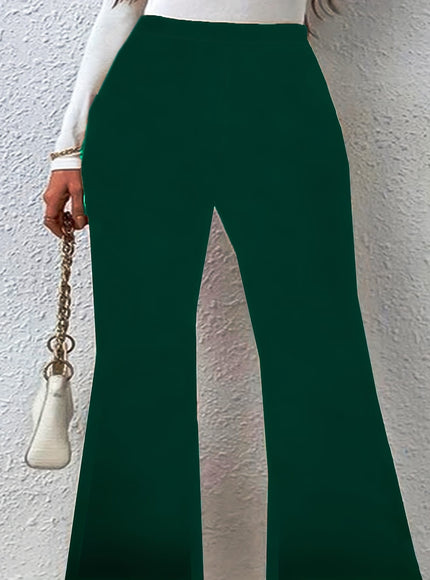 jkthpu-45 Plus Size Black Flare Leg Knit Trousers – Elegant Medium Stretch
