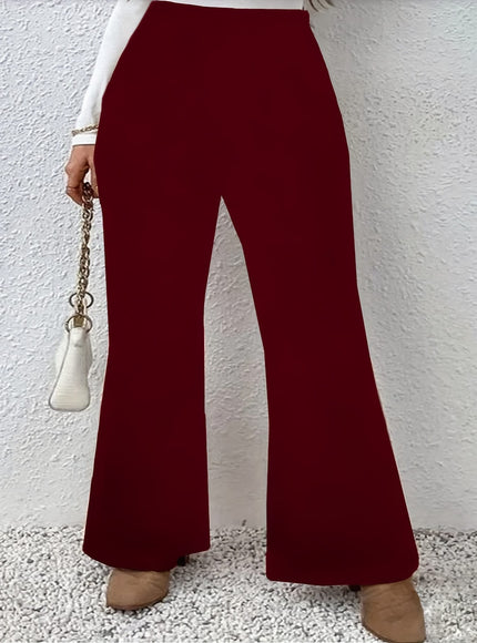 jkthpu-45 Plus Size Black Flare Leg Knit Trousers – Elegant Medium Stretch