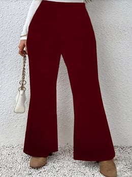 jkthpu-45 Plus Size Black Flare Leg Knit Trousers – Elegant Medium Stretch