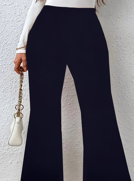 jkthpu-45 Plus Size Black Flare Leg Knit Trousers – Elegant Medium Stretch