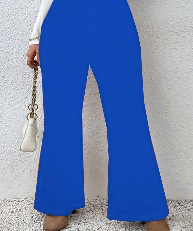 jkthpu-45 Plus Size Black Flare Leg Knit Trousers – Elegant Medium Stretch
