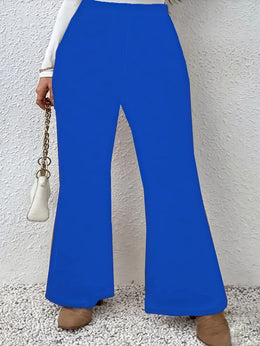 jkthpu-45 Plus Size Black Flare Leg Knit Trousers – Elegant Medium Stretch
