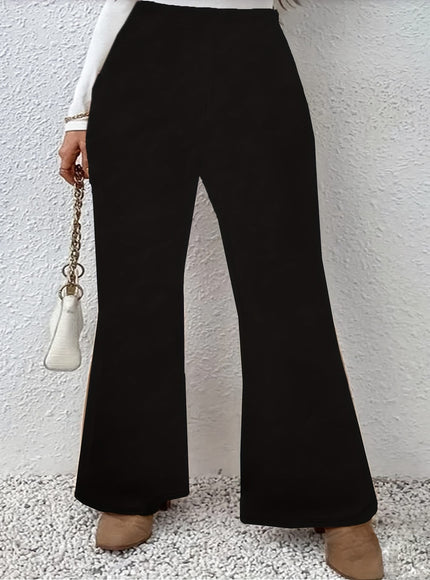 jkthpu-45 Plus Size Black Flare Leg Knit Trousers – Elegant Medium Stretch