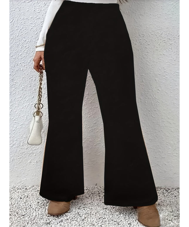 jkthpu-45 Plus Size Black Flare Leg Knit Trousers – Elegant Medium Stretch