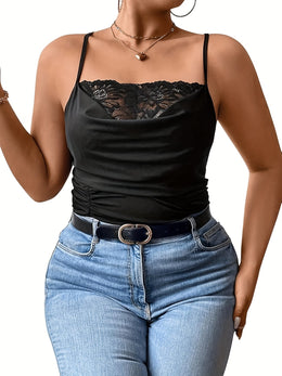 jkthpu-45 Plus Size Black Floral Lace Cami Top – Stretchy Sleeveless Summer Tank