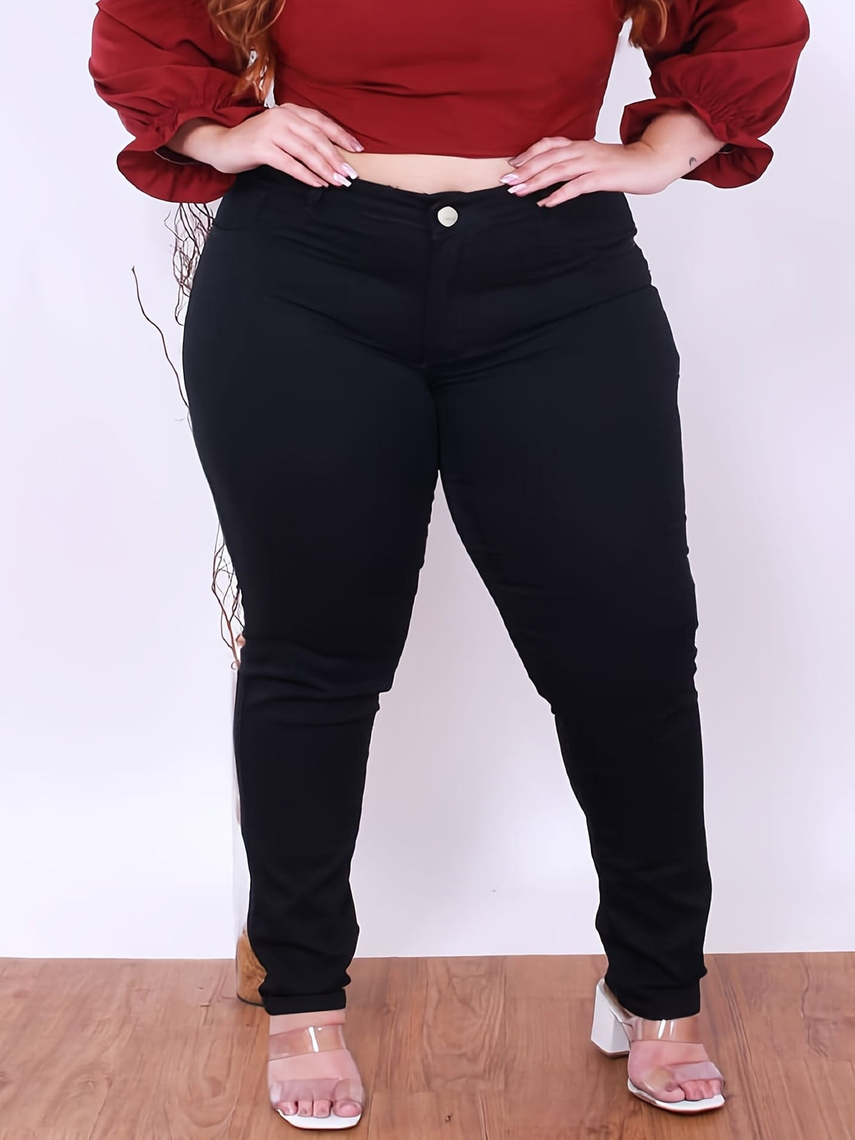 jkthpu-45 Plus Size Black Jeans 300 lbs High-Waisted Elastic