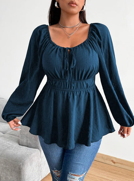 jkthpu-45 Plus Size Black Keyhole Neck Knotted Raglan Sleeve Blouse – Flared Hem