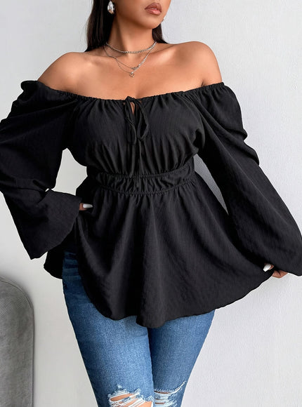 jkthpu-45 Plus Size Black Keyhole Neck Knotted Raglan Sleeve Blouse – Flared Hem