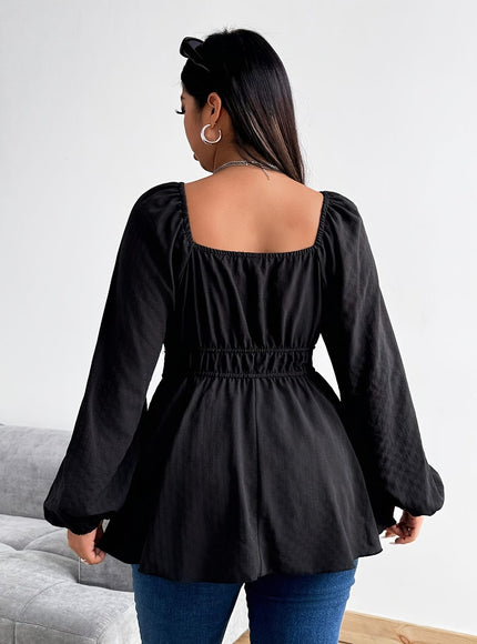 jkthpu-45 Plus Size Black Keyhole Neck Knotted Raglan Sleeve Blouse – Flared Hem