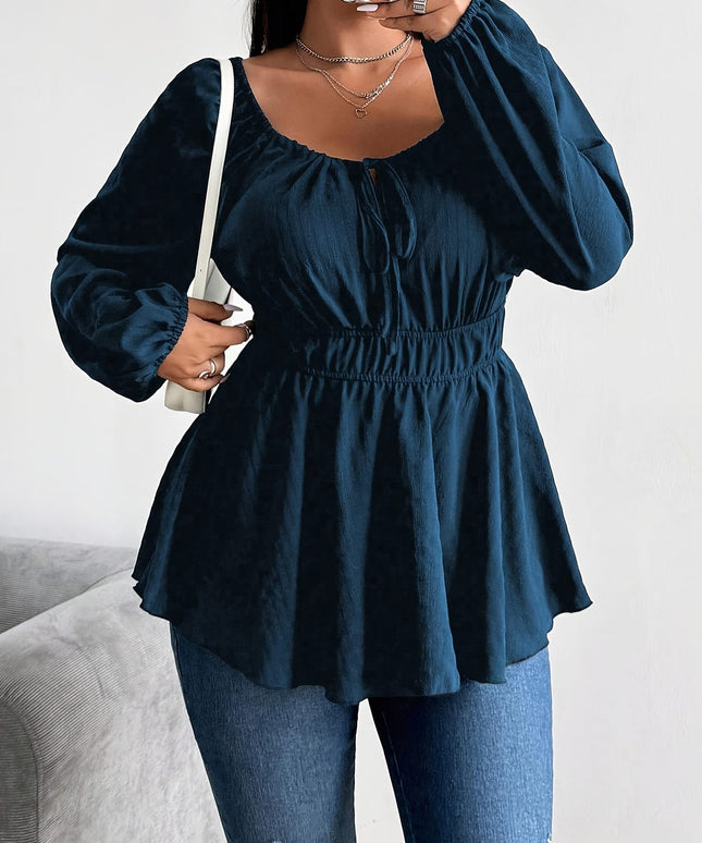 jkthpu-45 Plus Size Black Keyhole Neck Knotted Raglan Sleeve Blouse – Flared Hem