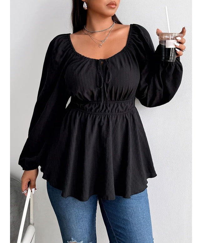 jkthpu-45 Plus Size Black Keyhole Neck Knotted Raglan Sleeve Blouse – Flared Hem