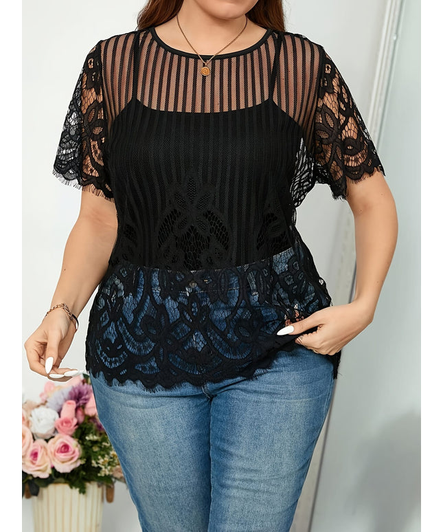 jkthpu-45 Plus Size Black Lace Top – Sheer Sleeveless Ribbed Neckline Summer