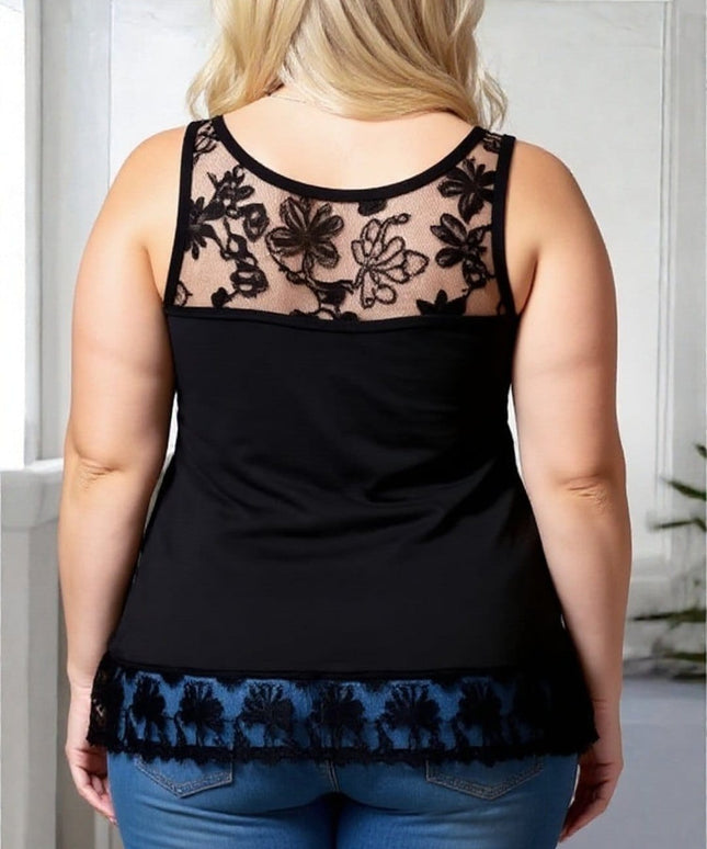 KissICON Plus Size Black Lace-Trim Camisole Tank Top