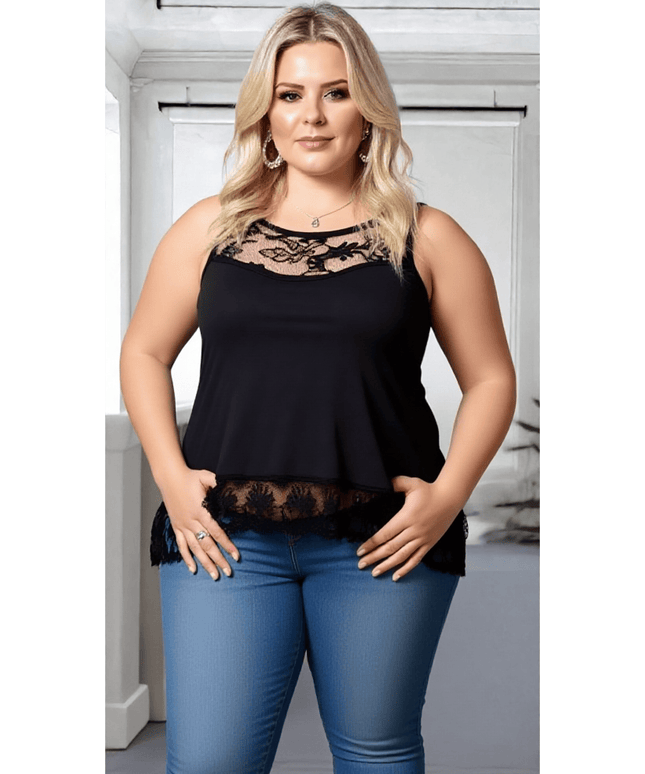 KissICON Plus Size Black Lace-Trim Camisole Tank Top