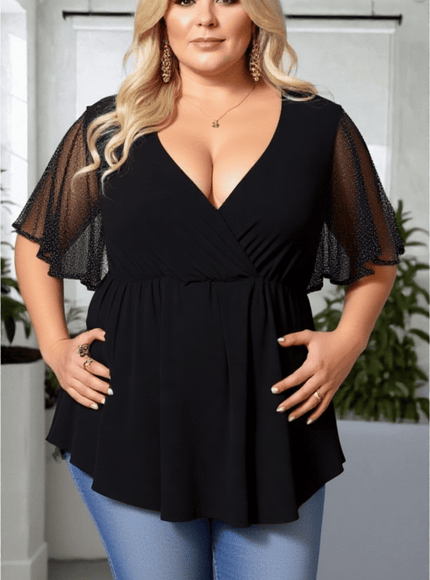 KissICON Plus Size Black Mesh Sleeve V-Neck Peplum Top